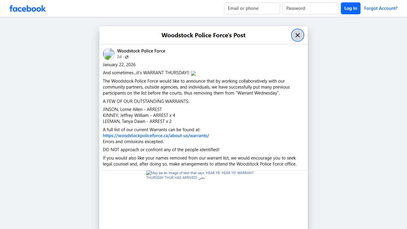 January 22, 2026 And... - Woodstock Police Force Facebook
